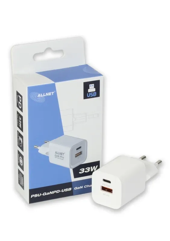 ALLNET Ersatznetzteil QC USB-C PD GaN Netzteil Power Supply 33 Watt 1x USB Typ-A QC, 1x USB Typ-C**EU PLUG** ALLNET Ersatznetzteil QC USB-C PD GaN Netzteil Power Supply 33 Watt 1x USB Typ-A QC, 1x USB Typ-C**EU PLUG**