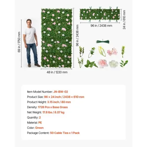 VEVOR Künstliche Hecke 2,4 m x 61 cm 2 Stk., Pflanzenwand, PE-Sichtschutz, Sichtschutzzaun mit Seidenblumen, Heckenzaun, Kunstpflanzen Balkonverkleidung für Hochzeiten, Außengärten, Hinterhöfe – Bild 6
