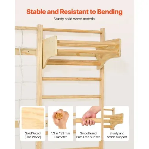 VEVOR schwedische Leiterwand 8 in 1 12-stufiges Kletterspielzeug aus Massivholz 100 kg belastbares Indoor-Klettergerüst mit Kletterbrett Turnringen Klimmzugstange Wandleiter Rutsche Schaukel – Bild 3