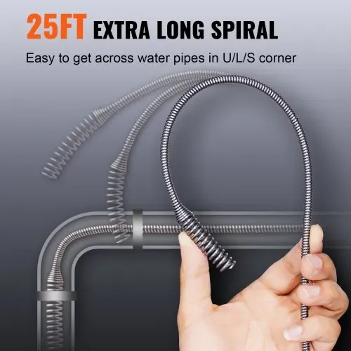 VEVOR Rohrreinigungsspirale 0,6x762cm Federstahlkabel Abflussreiniger mit Trommel Manuell & Elektrisch Manuelle Zufuhr Rohrreinigungswelle Rohrreinigungsgerät Ideal für WC Abwasserkanal Bodenabfluss – Bild 2