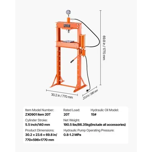 VEVOR hydraulische Werkstattpresse 20 t (H-Rahmen) mit Pressplatte, einstellbare Hydraulikpresse (Max. Zylinder 14 cm) mit Dreieckstütze, geeignet zum Biegen & Richten & Stanzen Orange – Bild 6