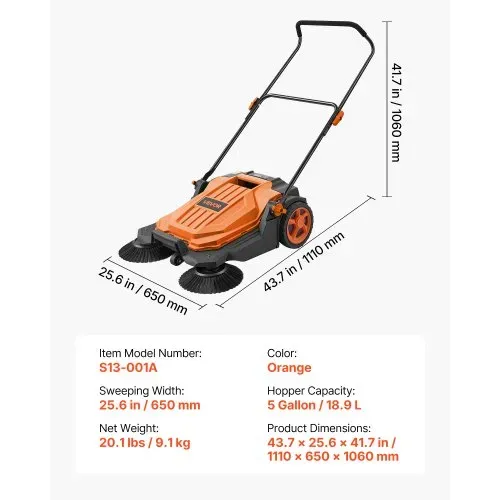 VEVOR Kehrmaschine Manuell, Handkehrmaschine mit 650 mm Arbeitsbreite, 18,9-L-Kehrbehälter & Verstellbarem Klappgriff, Bodenreinigungsmaschine für Höfe, Gehwege, Terrassen & Garagen – Orange – Bild 6