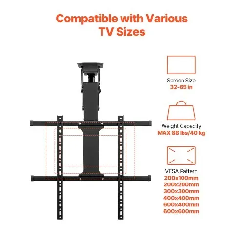 VEVOR motorisierte TV Deckenhalterung Halterung für 813 bis 1651 mm Fernseher, elektrischer verstellbarer herunterklappbarer Ständer mit max. VESA 60 x 60 cm, passend für Fernseher bis zu 40 kg – Bild 2