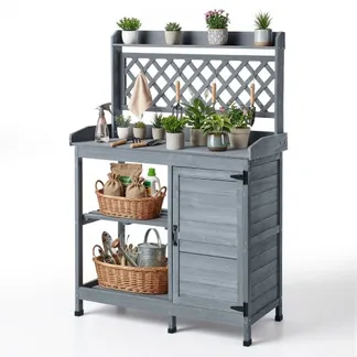 VEVOR Pflanztisch, Gärtnertisch Gartenarbeitstisch mit Unterschrank, Ablagefächern & Holzplatte, Gartenschrank, Blumentisch, Umtopftisch ideal für Terrasse, Garten & Balkon, Grau, 1100x460x1470 mm VEVOR Pflanztisch, Gärtnertisch Gartenarbeitstisch mit Unterschrank, Ablagefächern & Holzplatte, Gartenschrank, Blumentisch, Umtopftisch ideal für Terrasse, Garten & Balkon, Grau, 1100x460x1470 mm