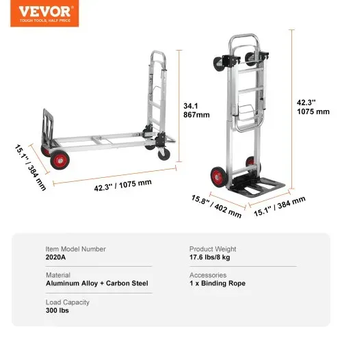 VEVOR 2-in-1 Sackkarre Klappbar 0,6243kg Tragfähigkeit Transportkarre Aluminiumlegierung & Kohlenstoffstahl Sackkarre ⇋ Plattformwagen Trolley für Lade- & Transportaufgaben im Innen- & Außenbereich – Bild 6