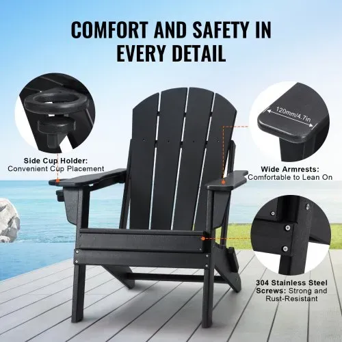 VEVOR Adirondack-Stuhl aus Kunststoff, 2er-Set, wetterfest, tragbar, klappbar, Feuerstellenstuhl, Adirondack-Terrassenstuhl für den Außenbereich mit Getränkehalter, mit entspannender Armlehne, ergonomisch, für Garten, Hinterhof – Schwarz – Bild 4