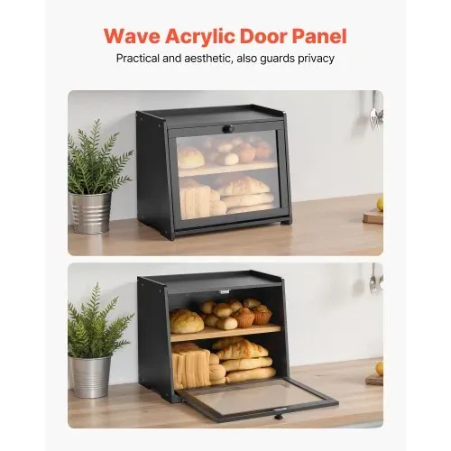 VEVOR Doppellagiger Brotkasten für Küchentheke Brotbehälter Brotbox Organizer aus Holz für selbstgebackenes Brot, Aufbewahrungsbehälter mit gewellter Acryl-Türplatte, Brotaufbewahrung Schwarz – Bild 4
