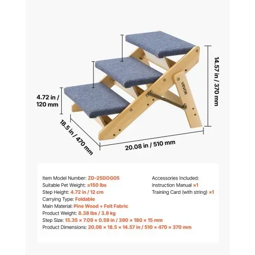VEVOR Hundetreppe 510x470x370 mm, 3-stufige Hautiertreppe, klappbare Holztreppe geeignet für kleine, mittlere, große, ältere Haustiere sowie Welpen bis 68 kg, Hundeleiter für Betten, Sofas & Autos – Bild 6