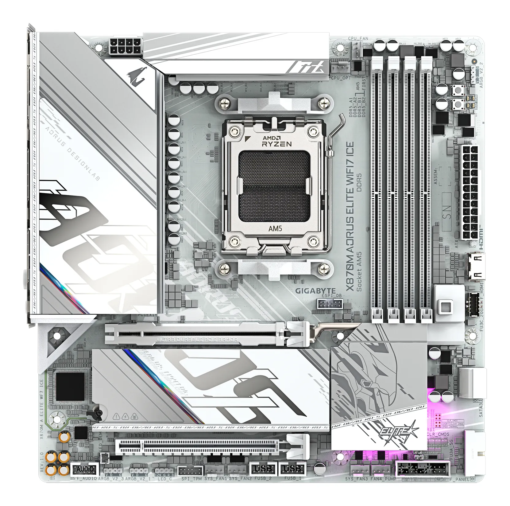 GIGABYTE X870M AORUS ELITE WIFI7 ICE Mainboard – Unterstützt AMD Ryzen 9000 CPUs, digitales 14+2+2-Phasen-VRM, bis zu 8200 Hz DDR5 (O.C), 1× PCIe 5.0 + 1× PCIe 4.0, Wi-Fi 7, 2.5-GbE-LAN, USB 4 – Bild 2