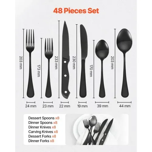 VEVOR 48-teiliges Besteckset aus lebensmittelechtem Edelstahl, hochglanzpoliertes Essbesteck-Set, spülmaschinenfestes Essgeschirr für die Küche, Service für 8 Personen, inkl. Messer Gabel Löffel VEVOR 48-teiliges Besteckset aus lebensmittelechtem Edelstahl, hochglanzpoliertes Essbesteck-Set, spülmaschinenfestes Essgeschirr für die Küche, Service für 8 Personen, inkl. Messer Gabel Löffel