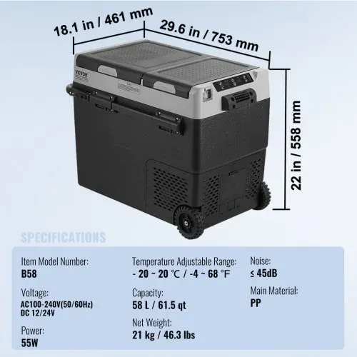 VEVOR Tragbarer Autokühlschrank, 12-Volt-Autokühlschrank, 58 l / 61,5 QT tragbarer Zweizonen-Gefrierschrank, -20 °C bis 20 °C einstellbare Temperatur, Kompressorkühler für Zuhause, Outdoor, Camping – Bild 6