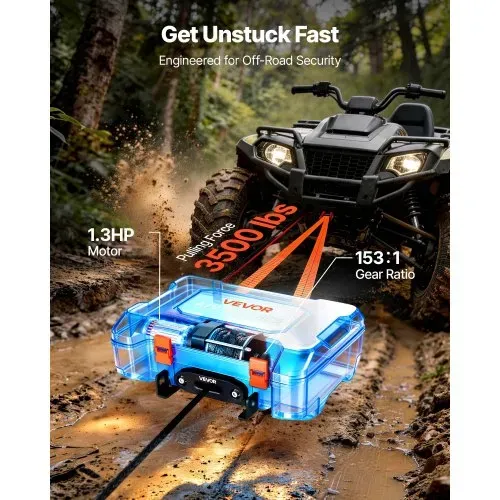 VEVOR Elektrische Seilwinde 12V, Mobile Seilwinde mit 1587kg Tragkraft & Fernbedienung, Tragbare Motorwinde mit Synthetikseil Seilführung Schäkelhaken Gurt Tragkiste, Elektrowinde für ATV UTV Offroad – Bild 2