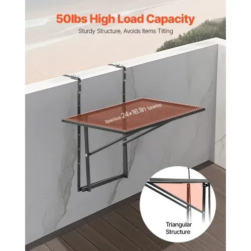 VEVOR Balkontisch, 61x41 cm, klappbarer Balkonhängetisch aus Metall, Klapptisch für Geländer im Freien, 5-stufig verstellbar, passend für Geländer von 1 bis 4,7 Zoll, Serviertisch für Terrasse & Deck – Bild 2