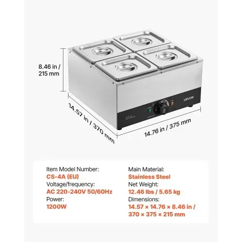 VEVOR Schokoladenschmelzmaschine 4 Abnehmbare Behälter Edelstahl 1,2 kW, für Bäckereien, Konditoreien und Restaurants, mit Temperaturregelung 30–85 ℃, Trockenlaufschutz, Schokoladentempiermaschine – Bild 6