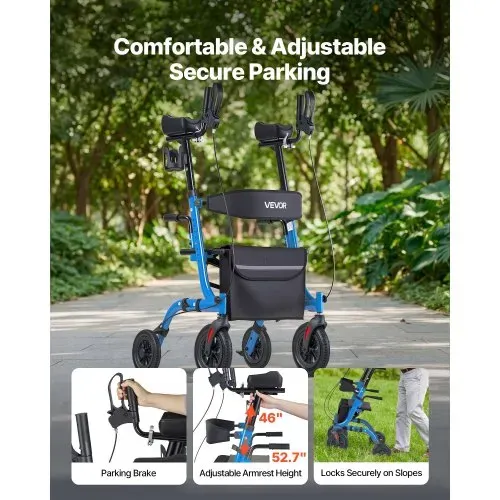 VEVOR Rollator Faltbar mit Sitz, Leichtgewicht Gehwagen mit 4 PU Reifen, Gehhilfe bis 136 kg mit Rückenlehne Tasche Gehstockhalter, Höheverstellbare Laufhilfe mit Feststellfunktion für Senioren, Blau – Bild 4