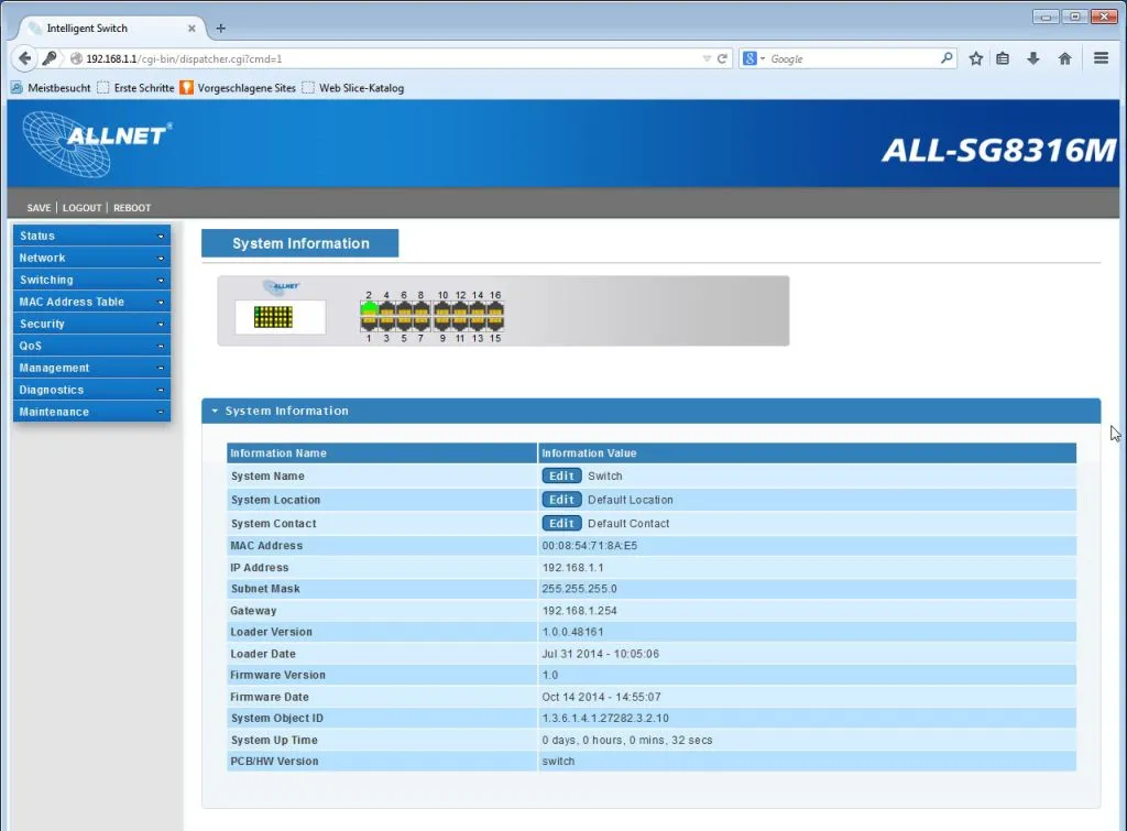ALLNET Switch smart managed 16 Port Gigabit / 16x LAN / Lüfterlos / 19" & 10"/ "ALL-SG8316M" – Bild 3