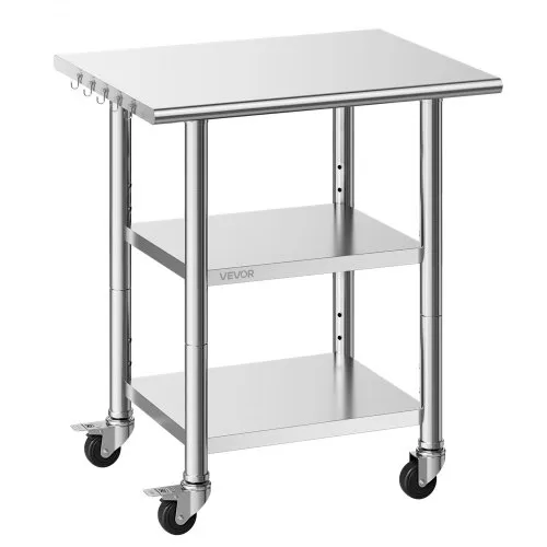 VEVOR Gasto Arbeitstisch 762 x 610 x 864 mm, Edelstahltisch mit 3 Ebenen & Rollen & Höhenverstellbaren Ablagen Belastbarkeit Top 227 kg & 2 Unterablagen je 191 kg Vorbereitungstisch für Restaurant VEVOR Gasto Arbeitstisch 762 x 610 x 864 mm, Edelstahltisch mit 3 Ebenen & Rollen & Höhenverstellbaren Ablagen Belastbarkeit Top 227 kg & 2 Unterablagen je 191 kg Vorbereitungstisch für Restaurant