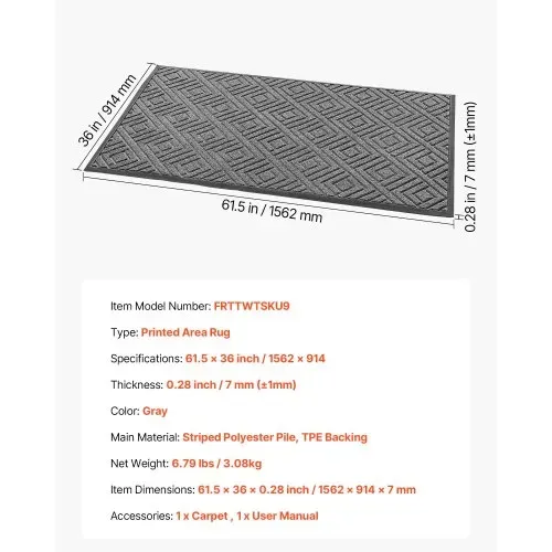 VEVOR Schmutzfangmatte, 1562 x 914 mm, Fußmatte für drinnen & draußen, Sauberlaufmatte, Türmatte mit TPE-Rückseite, strapazierfähiger, waschbarer Eingangsteppich für Flur, Balkon, Garage, Grau – Bild 6