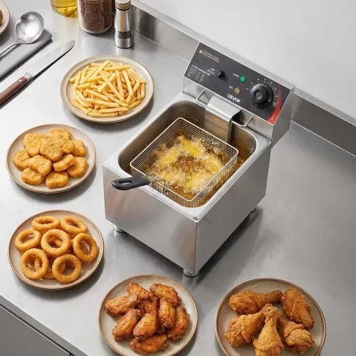 VEVOR Gewerbliche Elektrische 1-Becken-Fritteuse 7,5 L Ölfassungsvermöge, 2500 W Edelstahl-Tischfritteuse mit Frittierkorb, Deckel, Temperaturregelung und Verstellbaren Füßen, für Restaurant, Imbiss – Bild 7