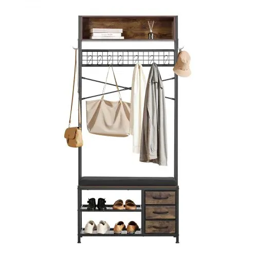 VEVOR Flurgarderobe 80 x 30 x180 cm, Garderobenständer mit Schuhablage (2 Ebenen) & 3 Schubladen, Freistehende Garderobe mit Bücherablage & Metallgitter, Ideal für Eingangsbereich, Schlafzimmer – Bild 8