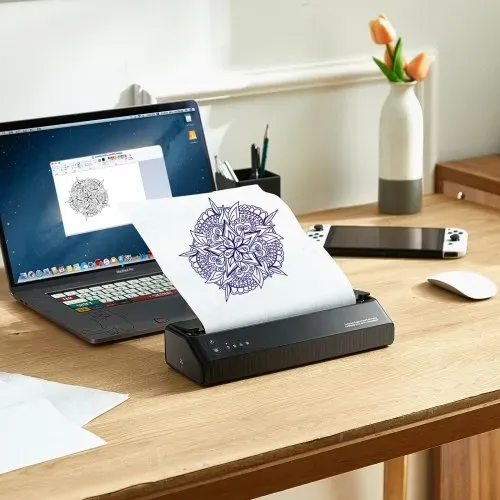 VEVOR Tattoo-Transfer-Schablonendrucker, Kabelloser Bluetooth-Tattoo-Schablonendrucker mit 10-teiligem Transferpapier und Stoffbeutel, Tragbarer Tattoo-Drucker für Android- und iOS-Telefon – Bild 7