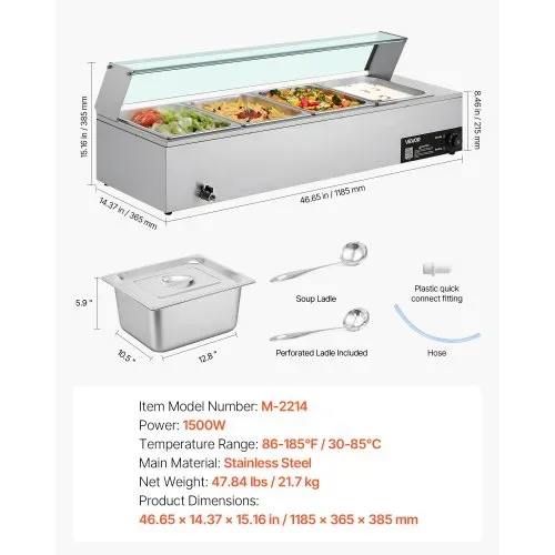 VEVOR kommerzieller Speisenwärmer (4 x 1/2 Größe Behälter), 1,5 kW elektrischer Wärmebehälter aus Edelstahl mit Glasabdeckung & Suppenkelle, Chafing Dishes Set für Catering Restaurant Party – Bild 6