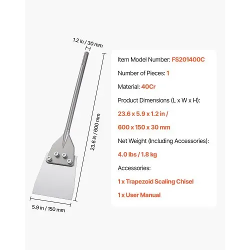 VEVOR Spachtelmeißel 60×15 cm, Flachmeißel mit SDS Max Schaft, Kompatibel mit Bohrhämmern, Wärmebehandelter 40Cr-Legierungsstahl, zum Entfernen von Laminatböden, Fliesen und Mörtel VEVOR Spachtelmeißel 60×15 cm, Flachmeißel mit SDS Max Schaft, Kompatibel mit Bohrhämmern, Wärmebehandelter 40Cr-Legierungsstahl, zum Entfernen von Laminatböden, Fliesen und Mörtel