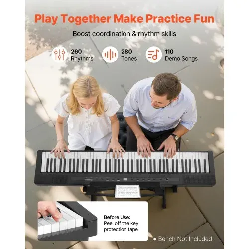 VEVOR Digitalpiano, 88 Tasten vollgewichtet, E-Piano Doppeltastatur & Lautsprecher mit X-Ständer, Sustain-Pedal, Aufnahmefunktion, 280 Töne, Kabellose Verbindung, für Anfänger, Schwarz – Bild 3