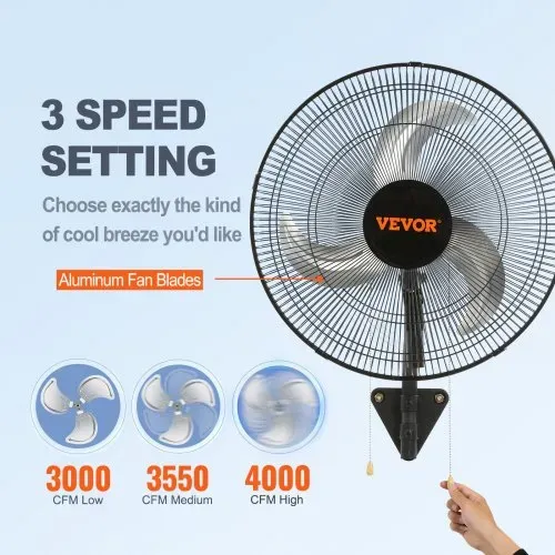 VEVOR Wandventilator, 44,45 cm Wandventilator 4000 CFM, 3 Geschwindigkeiten, Wohn- und Gewerbeventilator zur Kühlung von Lagerhäusern, Gewächshäusern, Werkstätten, Terrassen und Kellern, Schwarz – Bild 2