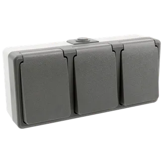 Feuchtraum Dreifach-Steckdose McPower “Secure“, 250V~/16A, IP44, AP, grau Feuchtraum Dreifach-Steckdose McPower “Secure“, 250V~/16A, IP44, AP, grau