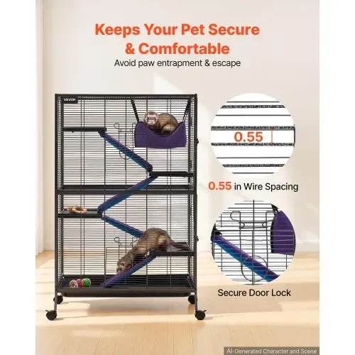 VEVOR Kleintierkäfig Metall Frettchenkäfig Kleintiergehege 80x52x127 cm, Frettchen Chinchillas Gleithörnchen Meerschweinchen & Kaninchen 5-Stöckig 13,97 mm Drahtabstand Feststellbare Schwenkrolle – Bild 3