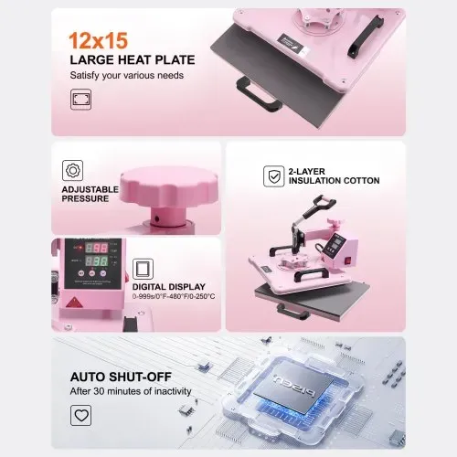 VEVOR Hitzepresse Transferpresse 30x38cm 5 in 1 Tumbler Presse T-Shirts Rosa – Bild 5