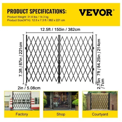 VEVOR Doppeltes Sicherheitsfalttor Einziehbar Scherentor 15,24-365,76 cm, Tragbar Scherentor mit 360°-Rollen Zusammenklappbar Außenbereich Kellertür, Garage, Schaufenster Zaun Schwarz Doppelfalttür – Bild 6
