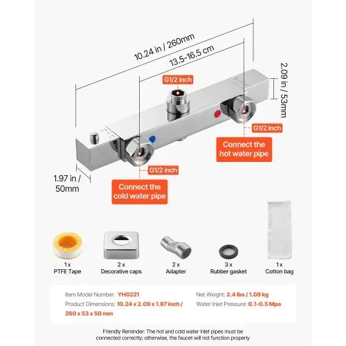 VEVOR Duscharmatur mit Thermostat Duschthermostat mit 38 °C Sicherheitsschloss, Duschhahnventil Badewannenarmatur (2 Löcher), Temperaturregelventile für Badezimmer Wohnmobil Hotel Chrom-Silber – Bild 5