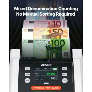 VEVOR Geldzählmaschine, 1200 Banknoten pro Minute, Banknotenzählmaschine mit Wertzählung, UV/MG/IR/DD/DBL/HLF/CHN-Fälschungserkennung, TFT-Display, für Gemischte Stückelungen von Dollar & Euro VEVOR Geldzählmaschine, 1200 Banknoten pro Minute, Banknotenzählmaschine mit Wertzählung, UV/MG/IR/DD/DBL/HLF/CHN-Fälschungserkennung, TFT-Display, für Gemischte Stückelungen von Dollar & Euro