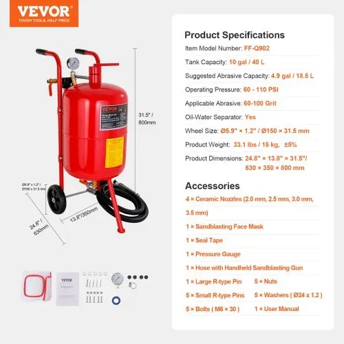 VEVOR 40L Sandstrahler Ausgestattet mit Düse Absperrventil Druckmesser Keramikdüse 2,5 m Schlauch Einfülltrichter Wasserfalle 6" Gummiräder Sandstrahler Tragbares Sandstrahlgerät – Bild 6