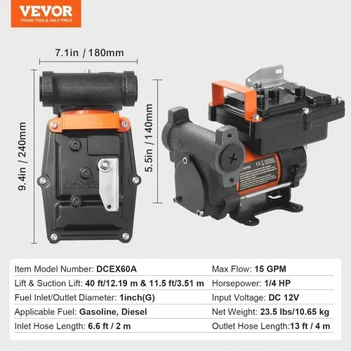 VEVOR Dieselpumpe, 12 V DC, 15 GPM, 1/4 PS, tragbare elektrische Kraftstoffpumpe mit automatischer Abschaltung der Pistole, Einlass- & Auslassschlauch für Benzin, Diesel, Kerosin, Methanol-Mischungen – Bild 6