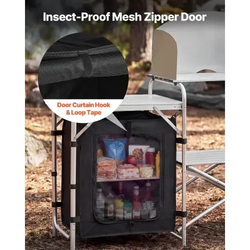 VEVOR Klappbare Campingküche, Campingschrank mit 2 MDF-Beistelltischen, Abnehmbarem Windschutz für den Kocher, 2 Stauräumen & X-förmigen Beinen, Camping-Küchenstation für Picknick, Grillen & Reisen – Bild 5