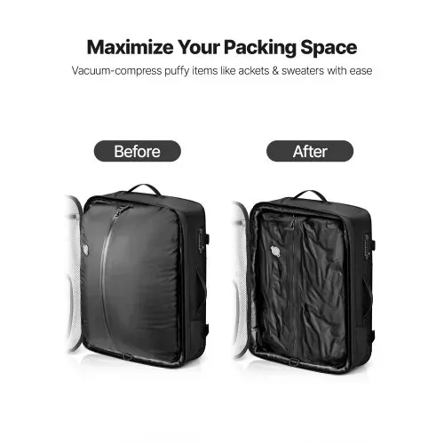VEVOR Vakuum-Reiserucksack, 80 L, erweiterbarer Vakuum-Kompressions-Reiserucksack mit Pumpe, mit TSA-zugelassenem Schloss, USB-Ladeanschluss, wasserabweisendes Handgepäck, für Business, Schwarz VEVOR Vakuum-Reiserucksack, 80 L, erweiterbarer Vakuum-Kompressions-Reiserucksack mit Pumpe, mit TSA-zugelassenem Schloss, USB-Ladeanschluss, wasserabweisendes Handgepäck, für Business, Schwarz