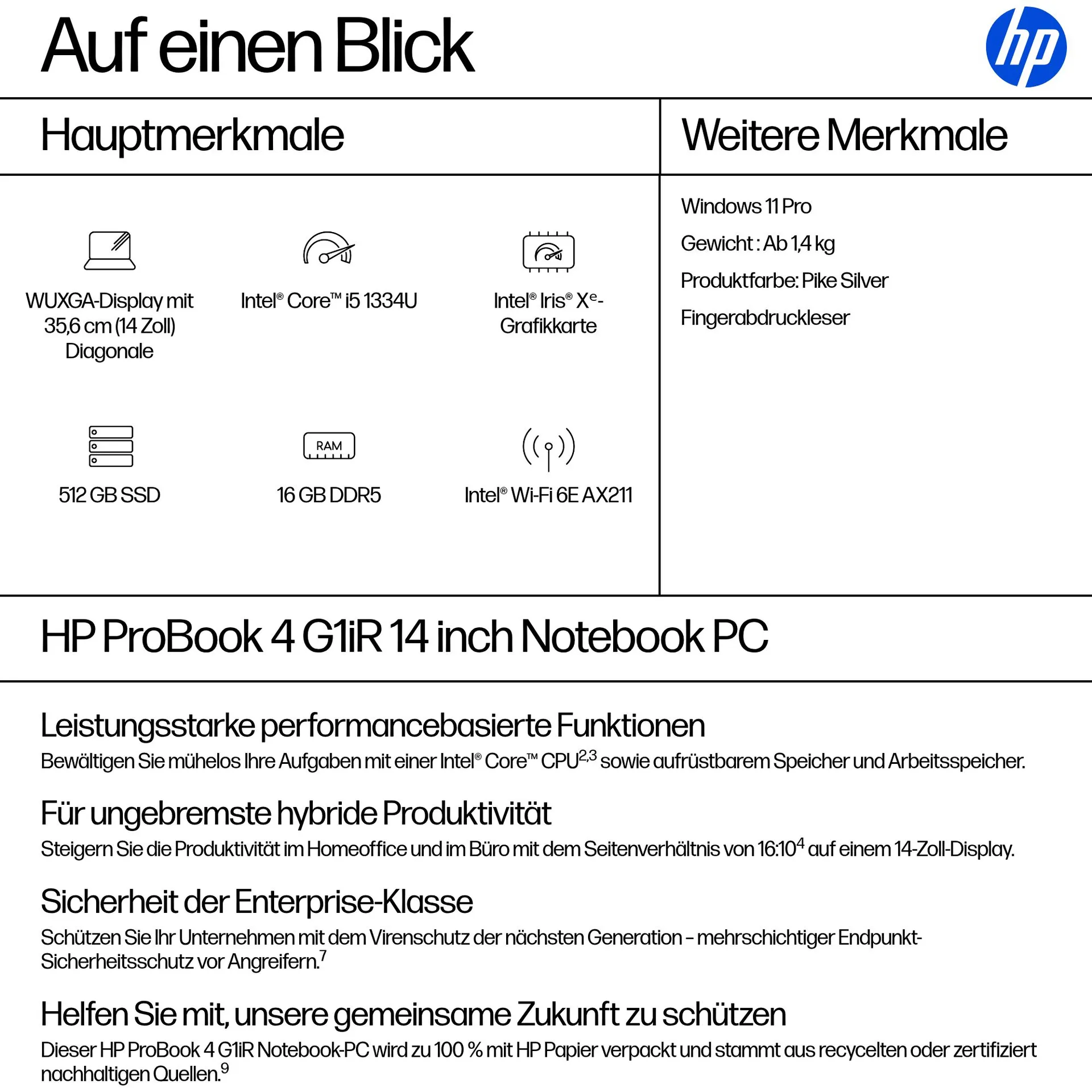 HP ProBook 4 G1iR Intel® Core™ i5 i5-1334U Laptop 35,6 cm (14") WUXGA 16 GB DDR5-SDRAM 512 GB SSD Wi-Fi 6E (802.11ax) Windows 11 Pro Silber – Bild 4