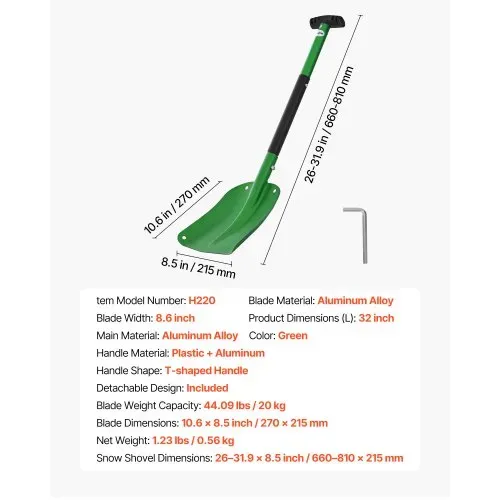 VEVOR Schneeschaufel, 270x215 mm, Schneeschieber aus Aluminiumlegierung mit T-förmigen Griffen, Schneeräumer, Schneeschippe, Schneeschüppe, tragbares Schneeräumwerkzeug für Garten, Auto, Camping – Bild 6
