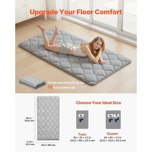 VEVOR japanische Futon-Matratze (2032 x 991 x 63,5 mm), faltbare Tatami (Einzelbettgröße), Bodenmatratze mit Aufbewahrungstasche & Befestigungsmaterial, 9-lagige Schlafmatte für Meditation Yoga, Grau VEVOR japanische Futon-Matratze (2032 x 991 x 63,5 mm), faltbare Tatami (Einzelbettgröße), Bodenmatratze mit Aufbewahrungstasche & Befestigungsmaterial, 9-lagige Schlafmatte für Meditation Yoga, Grau