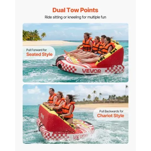 VEVOR Towable Tube für Boote, Wassersport-Schleppreifen für 4 Personen, bis 308 kg Tragfähigkeit, mit 2 Zugpunkten, Nylonhülle, Gepolsterten Griffen und Sicherheitsventil, für Seen, Flüsse, Rot – Bild 2