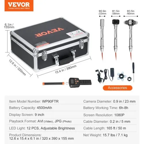 VEVOR Kanalkamera mit 512-Hz-Ortungsgerät, 50 m, 9-Zoll-Rohrinspektionskamera mit Selbstnivellierung, 36-facher Zoom, Endoskop mit 12 LEDs, 32 GB Karte, IP68 wasserdichte Rohrkamera für Kanalrohre – Bild 6