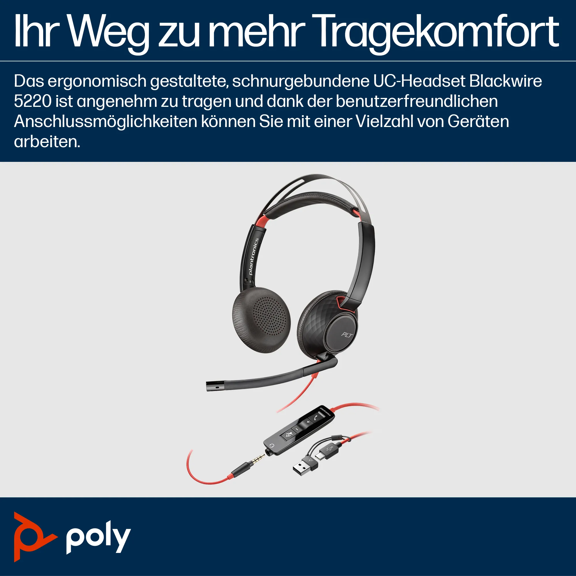 HP Poly Blackwire 5220 Stereo USB-C-Headset +3,5-mm-Stecker +USB-C/A-Adapter (Packungseinheit) – Bild 3