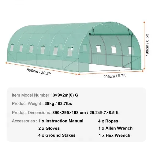 VEVOR begehbares Tunnel-Gewächshaus, 29,2 x 9,7 x 6,5 Fuß Foliengewächshaus-Tunnel, Pflanzen-Gewächshaus mit verzinktem Stahlrahmen, grüner PE-Abdeckung, aufrollbarer Reißverschlusstür und 12 Fenstern für den Außenbereich – Bild 6