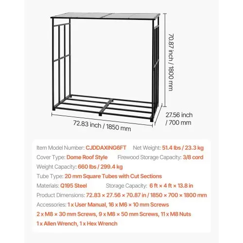 VEVOR Metall Kaminholzregal, 1850x700x1800 mm Brennholzregal, Kaminholzunterstand, max. Tragkraft 300 kg, Feuerholzregal, Kaminholzlager, Stapelhilfe für Kamin, Terrasse, Hinterhof – Bild 6