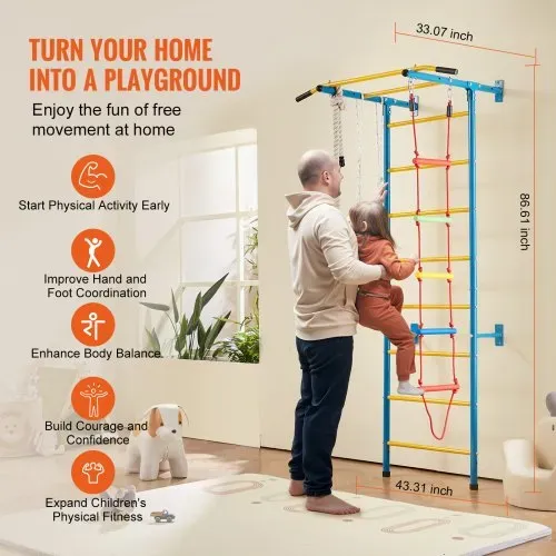VEVOR Sprossenwand Turnwand Klettergerüst für Kinder (ab 3 Jahren), 5-in-1-Set mit schwedischer Leiter aus Karbonstahl, Klimmzugstange & Strickleiter & Turnringen 100 kg belastbar mehrfarbig – Bild 2