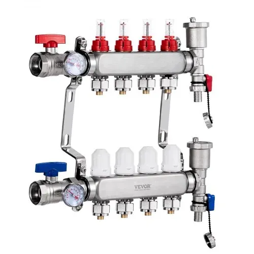 VEVOR 4-Zweig-Wärmeverteilungsverteiler, 1/2-Zoll-PEX-Rohrverteiler, Edelstahl-PEX-Verteiler für hydronische Fußbodenheizung, Wärmeverteilungs-PEX-Verteilersatz mit 1/2-Zoll-Adaptern im Lieferumfang enthalten – Bild 8