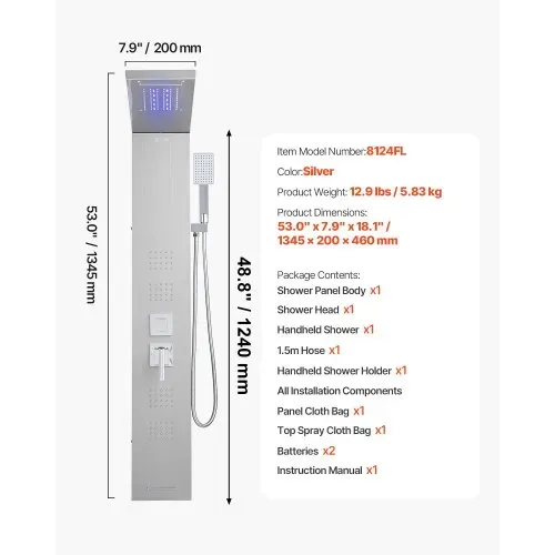 VEVOR Duschpaneel-Turmsystem (5 Modi) mit Regenwasserfall-Duschkopf & LED, (1345 mm) Duschsäule aus gebürstetem Edelstahl, Regenmassagesystem zur Wandmontage, mit Handbrause & 4 Körperbrausen – Bild 6